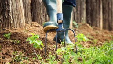 Spring garden concept. Gardener is doing garden work with hay fork. Garden work